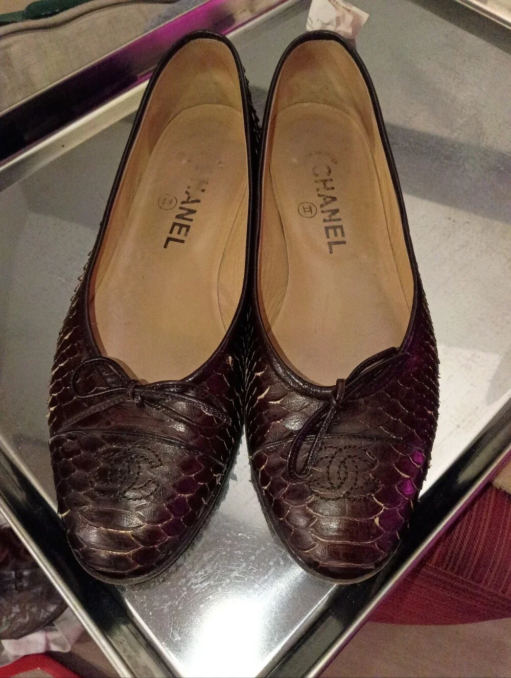 CHANEL Brown Python-Embossed Leather Ballet Flats - Picture 3 of 7